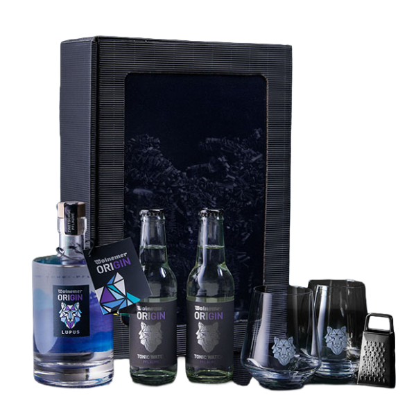 Set de regalo de gin ORIGIN con gin LUPUS y tónica de ciruela en caja de regalo